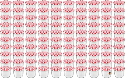 Produktbild von 100 Stück WELLGRO Vorratsglas Einmachgläser Schraubdeckel rot kariert - 230 ml