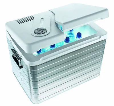 A portable cooler box filled with bottles of water, with its lid open.