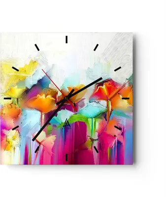 Produktbild von Wanduhr - Quadrat - Glasuhr - Blumen Wiese Sommer - 30x30cm - Schleichendes Uhrwerk - Lautlos - zum Aufhängen bereit - Dekoration Modern - Wanddekoration aus Glas - C3AC30x30-4095