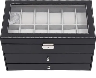 Produktbild von Uhren- und Schmuckbox - 3-stöckiger Organizer - 12 Fächer - Glasdeckel - Wasserdichtes Kunstleder - Schwarz
