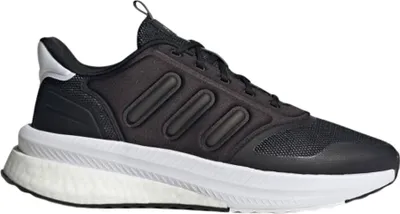 A black Adidas athletic shoe with a white sole is shown against a white background.