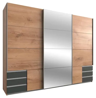 Image de Armoire à portes coulissantes Emden, 270 cm, chêne planches, graphite, miroir (18651)