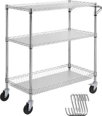 Immagine prodotto di Carrello da cucina Deluxe - Carrello da laboratorio a 3 livelli da 300 kg - Carrello di servizio cromato con 6 ganci - Carrello di trasporto e stoccaggio arrotolabile - Uso interno ed esterno - Resistente all'argento