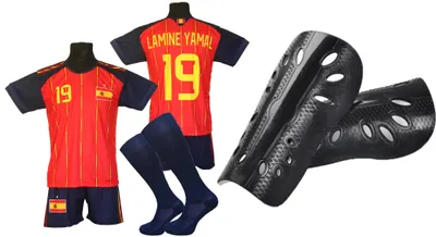 Produktbild von LAMINE YAMAL SPANIEN Kinder-Fußballtrikot - Größe 122 + Schienbeinschoner