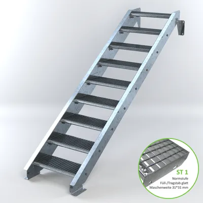 Produktbild von Stahltreppe 9 Stufen bis Höhe 180 cm, Laufbreite : 60 cm kein Geländer ST 1 (31 / 31 mm)