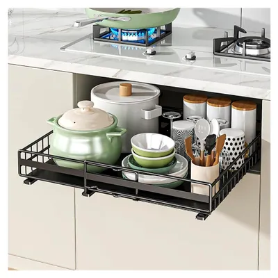 Produktbild von Ausziehbarer Küchenschrank Organizer, Teleskop-Schublade Kohlenstoffstahl, Schubladenauszug für Töpfe, Pfannen und Geschirr, 8 cm Höhe, platzsparend, schwarz