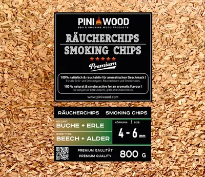 Image de PINI 800 g de chips de fumage en hêtre et aulne mélangés 4-6 mm Smoking Chips copeaux de fumage