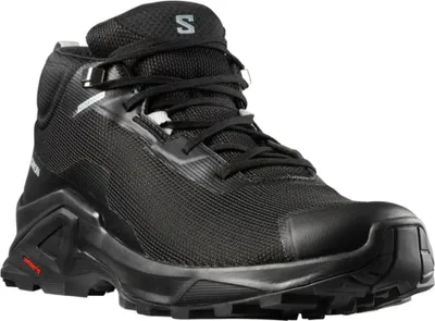 A single black hiking boot shown from a three-quarter front angle against a white background.