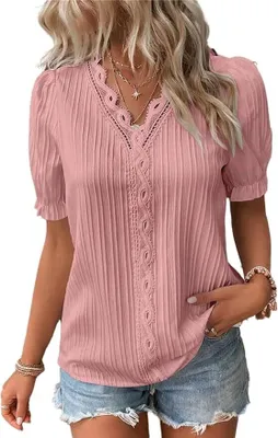 Produktbild von Bluse Kurzarm Damen Spitzen Oberteil V Ausschnitt Shirts Elegant Puffärmeln Damenblusen Sommer Schickes Hemd Tunika