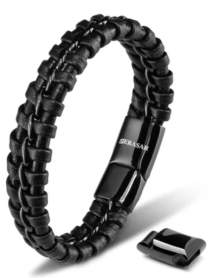Immagine prodotto di SERASAR | Bracciale in pelle per uomo [Joy] in acciaio inossidabile | Colore: Nero | Lunghezza: 17cm