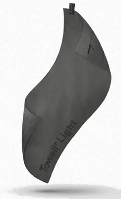 A dark gray towel is shown hanging against a white background.