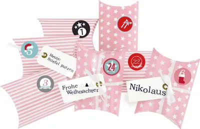 Produktbild von DIY Adventskalender Christkind zum Befüllenrosa Sterne und Streifen,Ziffern bunt