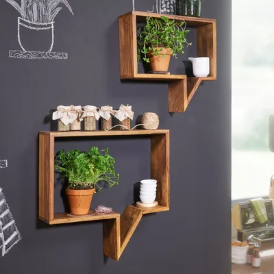 Image de FineBuy Jeu de 2 étagères murales en bois massif de Sheesham Etagère en bois style campagnard Etagère suspendue en bois véritable Tableau mural Produit naturel Console murale brun foncé