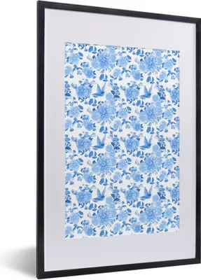 Produktbild von MuchoWow® MuchoWow® Gerahmtes Poster Blumen - Rosen - Vögel - Blau 40x60 cm - Poster mit zchwarzem Bilderrahmen - Poster in Rahmen