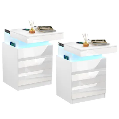 Produktbild von 2er Set Nachttisch mit Steckdose & USB,Hochglanz mit 3 Schubladen, Led 16 Farben Beleuchtung Weiß