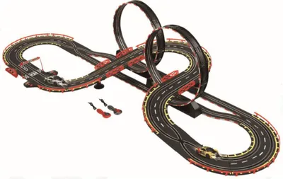 A slot car racing track with two cars on it, set against a white background.