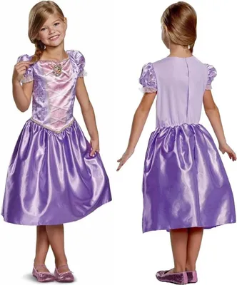 A young girl wearing a purple princess dress, shown from the front and back.