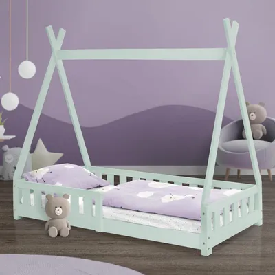 Produktbild von ML-Design detská posteľ tipi 80x160 cm s ochranou proti vypadnutiu a lamelovým rámom, mätovo zelená, z borovicového dreva, domček s ohrádkou