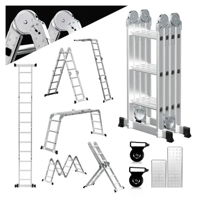 Produktbild von 3,6 m Aluminium Mehrzweckleiter 4x3 Stufen, Multifunktionsleiter mit Plattform, Aluleiter mit 2 Gerüstplatten, Klappleiter 16 Stufen, Trittleiter bis 150 kg, Haushaltsleiter Silber