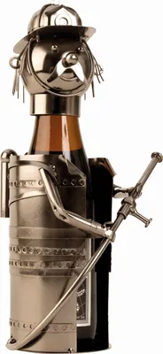 Produktbild von Moderner Bier Flaschenhalter Flaschenständer Feuerwehrmann aus Metall in silber Höhe 24 cm