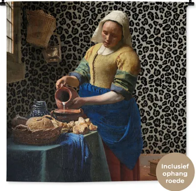 Produktbild von MuchoWow® Wandteppich Wandbehang Milchmädchen - Kunst - Pantherdruck - Vermeer - Gemälde - Alte Meister 150x150 cm Tapisserie Dekoration Wandtuch - Wohnaccessoires - Modernes