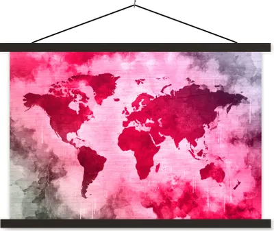 Produktbild von MuchoWow® Textilposter Weltkarte - Rot - Schwarz 60x40 cm mit schwarzem Rahmen - Hölzernes