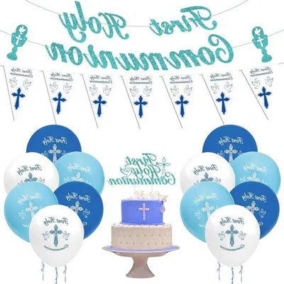 Immagine prodotto di Decorazioni per ragazzi in blu - Decorazioni per la Prima Comunione con bandierine e palloncini