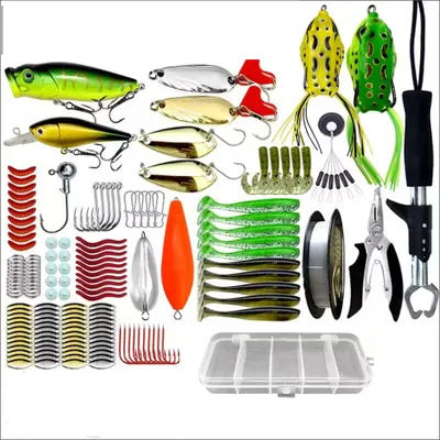 Produktbild von Kunstköder-Set mit künstlichen Gummifischen und Angelzubehörbox – Freizeit-Angelzubehör-Set inklusive Angelhaken, Würmern, Fröschen, Hechtköder, Forellenköder und mehr