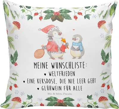 Produktbild von Mr. & Mrs. Panda kuschelkissen 40x40 Pinguin Wunschliste - Weiß - Geschenk, Couchkissen, Zierkissen, Kleines Kissen, Weihnachten, Deko, Polster
