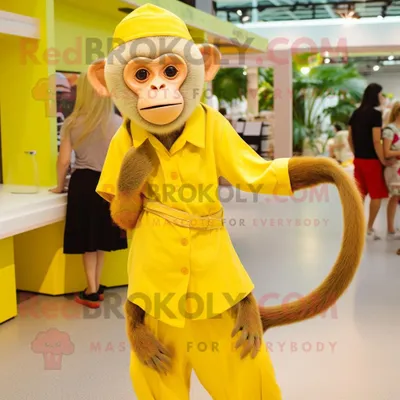Produktbild von Zitronengelber REDBROKOLY Kapuziner-Affe Maskottchen Kostüm charakter bekleidet mit einem Maxikleid und Uhren