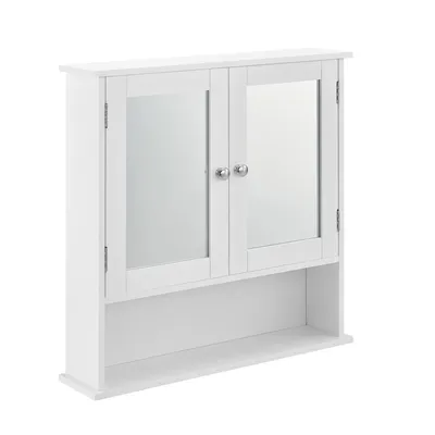 Productafbeelding van In- en outdoorbadkamerkast Jacquelyn - met spiegel - spiegelschaaf - 58 x 56 x 13 cm - wit - MDF en glas - 2 planken en 1 open vak - modern design
