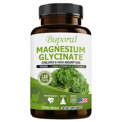 Image de Magnesium Glycinate 200mg (120 capsules) Complément alimentaire, intestin, digestion, cœur, santé cardiaque, humeur, esprit, nerfs, os