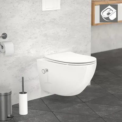 Zdjęcie produktu dla LuxeBath bezrantowa toaleta wisząca, długa 54 cm, biała, wykonana z ceramiki z funkcją bidetu, toaleta z miękką deską sedesową z miękkim zamknięciem, zdejmowana deska sedesowa z duroplastu