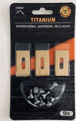 A retail package containing replacement blades and screws for a lawnmower.