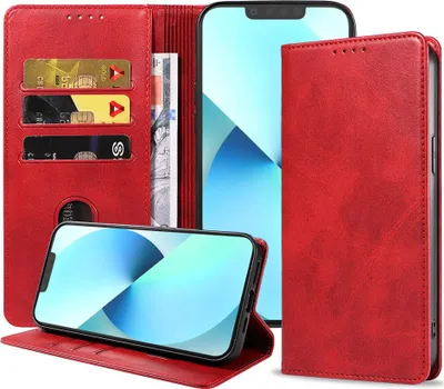 Produktbild von Smartphonica iPhone 13 Mini Kunstledertasche mit Magnetverschluss und Kartenhaltern Buchhülle - Rot