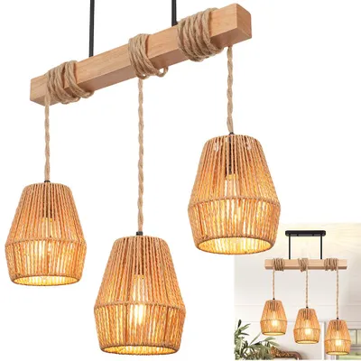 A three-light pendant lamp with a wooden beam and rope-wrapped shades, shown against a white background. A smaller inset image shows the lamp in a room setting.