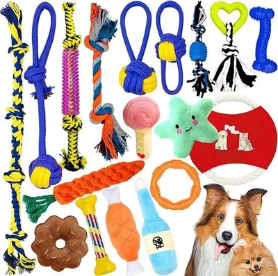 Immagine prodotto di Set di 18 giocattoli per cani, resistente, set per l'addestramento alla masticazione, per cani di taglia piccola e media, interattivo, indistruttibile, in cotone