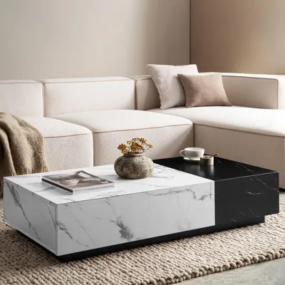 Produktbild von FineBuy Couchtisch 120x60x28 cm Weiß Schwarz Sofatisch in Marmor-Optik Modern Wohnzimmertisch Niedrig Rechteckig mit Schubladen Loungetisch Stauraum