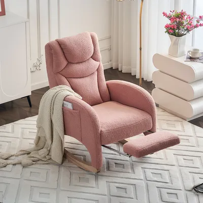 Produktbild von okwish Schaukelstuhl，Relaxsessel ，Posterstuhl mit Fußstütze，für den Innenbereich mit hoher Rückenlehne，dicke Polsterung，Rosa