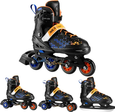 A collage of inline skates and hockey skates.