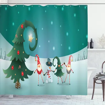 Produktbild von ABAKUHAUS Elf Duschvorhang, Freundliche Feiertags-Feier-Thema-Winter-Szene Weihnachten mit Funky Zwerge, 175 x 180 cm, Teal und Mehrfarbig