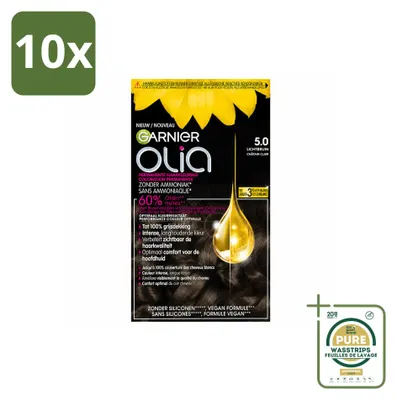 Imagen del producto de 10 tintes permanentes para el cabello Garnier Olia 5, color castaño claro, sin amoníaco, pack ahorro, 10 unidades