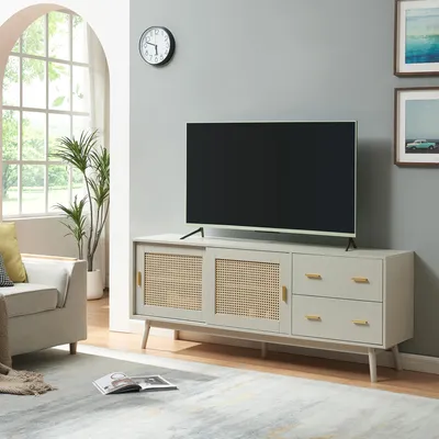 Obrázok produktu pre TV skrinka "Susa" 2 posuvné dvere s polyratanovým čelom 160 x 40 x 65 cm béžová