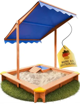 Produktbild von '- Sandkasten mit Dach (UV80+) & Matschküche 140x140 cm - Sandkiste inklusive Bodenvlies gegen Unkraut und Ungeziefer - Sandkasten mit Abdeckung für Kinder (L - 140x140cm)