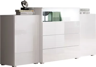 Produktbild von MIRJAN24 Kommode Urban III, Stilvoll Highboard, Modern Wohnzimmer Sideboard (Weiß / Weiß Hochglanz, ohne Beleuchtung)