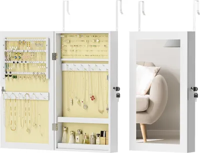 Image de Armoire à bijoux avec miroir - Montage mural ou sur porte - Verrouillable - Nombreux compartiments - MDF - 36,5 × 9,5 × 67 cm - Blanc