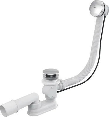 A bathtub drain and overflow kit with a flexible hose and a chrome-finished stopper.