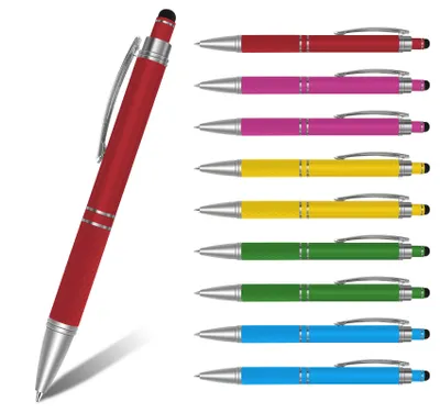 Produktbild von 10 Stück Druckkugelschreiber mit blauer Tinte, 2-in-1 mit Touchpen für Tablet Smartphone, Schlankes Design Metallgehäuse 1,0mm Strichstärke Mehrfarbig