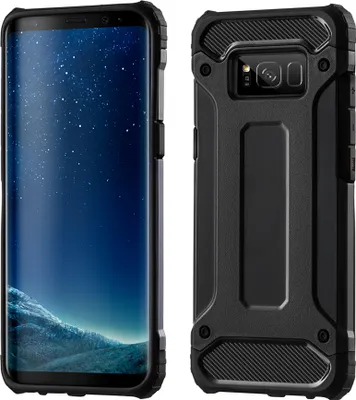 A product shot of a black phone case, shown from the front and back.