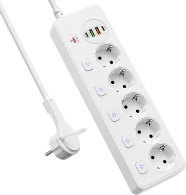 Zdjęcie produktu dla Listwa zasilająca z portami USB - Rozdzielacz gniazdek - Do ładowania urządzeń - Z indywidualnymi przełącznikami - Kabel o długości 2 metry - Biała